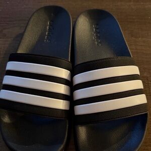 Adidas Black Slides with White Stripes